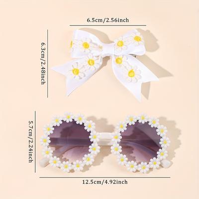 TEMU 3pcs Cute Daisy Fashion Glasses And Hair Bow Clips Set For Girls Mini Daisy Decor Bow Hair Barrettes And Fashion Glasses Set Clips Hair Accessories For Summer Image