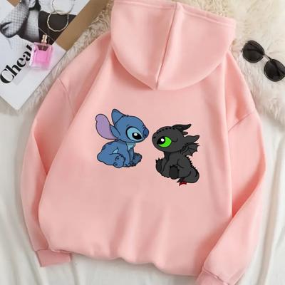 TEMU Stitch & Dragon Cartoon Print Hoodie - White Pullover With Drawstring, For All , Casual Wear Hoodie | Design | , Stitch Hoodie Image