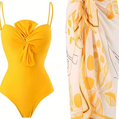 TEMU Chic French-inspired Retro Two-piece Swimsuit Set With Bow Detail - Slimming Tummy Control, Beach Smock Image