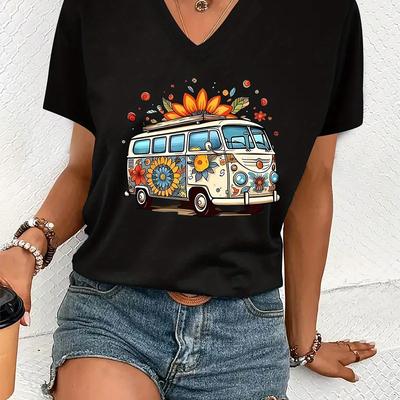 TEMU Vintage Van Floral Print V-neck T-shirt For Women - Casual Summer Short Sleeve Top With Colorful Flowers & Peace Signs Design, Boho Chic Style, White Image