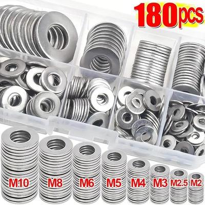 TEMU 180pcs Stainless Steel Flat Washers Assortment Set - Metal O Ring Fasteners Gasket Kit, Polished , M2-m10 Sizes, For Diy, Machinery & Electronics, Professional & Hobbyist Use Image