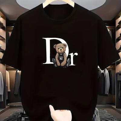 TEMU Men's 2025 Summer Casual Graphic T-shirt - Black Geometric Print Short Sleeve Tee, 100% Polyester, Machine Washable Round Neck Top For Casual Attire, Teddy Print | Shirt Image