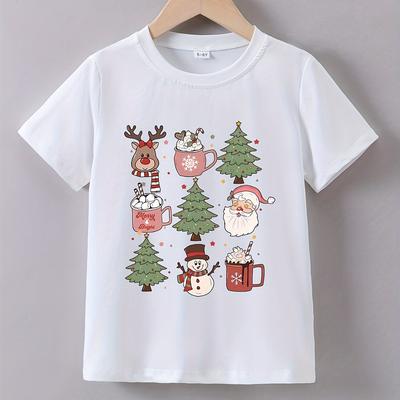 TEMU Christmas Print, Girl's Graphic Design T-shirt, Casual For Summer, Girl's Clothing Tops For Daily Activities Image