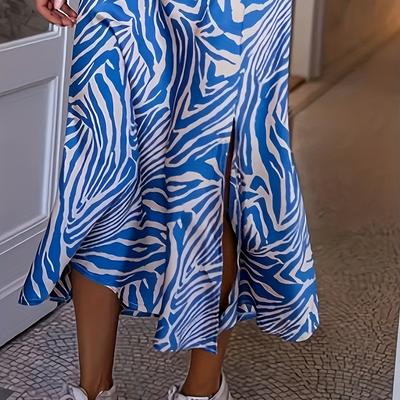 TEMU Elegant Blue And White Zebra Print Maxi Skirt With High-waisted Design, Flowing A-, And Side Slit - Spring/summer/fall, Casual Attire|aline Skirt|woven Texture Image