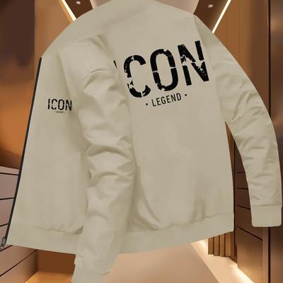 TEMU Men's Slim-fit With Icon Legend Print, Stand Collar Zipper Closure, Machine Washable Casual Winter Coat For Autumn & Winter, Insulated , Durable Outdoor Wear, Smooth Texture Finish Image