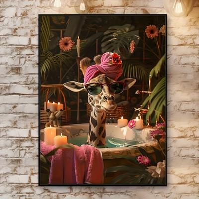 TEMU 1pc Fashionable Giraffe Bath Tub Canvas Art Poster, 12x16 Inch Tropical Animal Wall Decor, Orientation Fabric Rectangle For Bathroom, Bedroom, Living Room, Office Image
