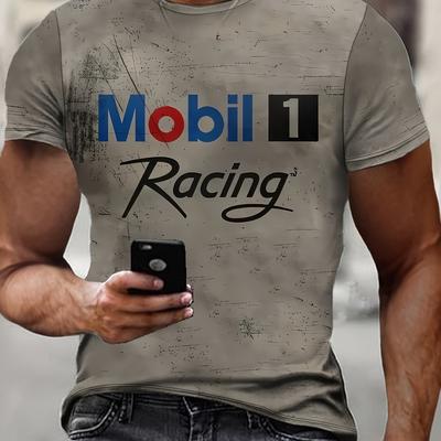 TEMU Racing T-shirt For Men, Casual Crew Neck, Polyester Tee With Stretch, Regular Fit, For Summer Adult Knit Fabric Short-sleeve Sportswear Shirt Image