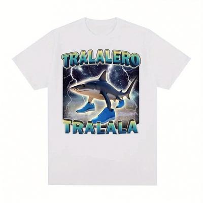 "TEMU Tralalero Tralala Funny Shark Meme T-shirt – Black Retro Hip Hop Style, Oversized Cotton Tee For , Casual With "trailera" Text, Space-themed Design" Image