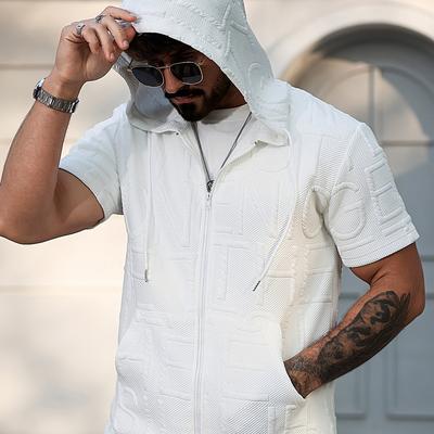 TEMU Men's Lightweight Summer Hooded Zip-up Jacket With Letter Print, 100% Polyester Casual Streetwear, Adjustable Drawstring Hood & Full-zip Front For Commuting, Travel, Outdoor Activities Image