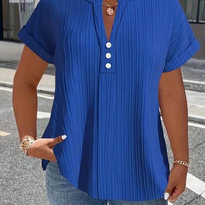 TEMU Women's Plus Size Elegant Striped Short Sleeve T-shirt - Chic Royal Blue, Casual Button-up Collar, Fit, Stretchy Polyester Fabric, Casual Wear | Chic Collar Style | Notched Collar Image