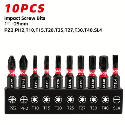 TEMU 10pcs Screwdriver Bit Set, S2 Steel, Black Phosphated, With , Star, Charms, 25mm (pz2 Ph2 T10 T15 T20 T25 T27 T30 T40 Sl4) - Powder Coated, , For Wood, Office, Manufacturing Image