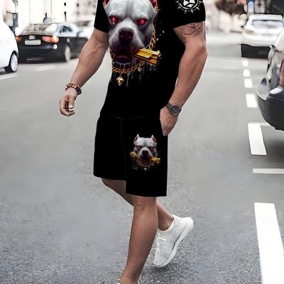 TEMU New Summer Casual Two-piece Set - Ultra Soft Round Neck T-shirt, Pet Element, Dog Pattern 3d , Men's Lightweight Breathable Pocket Shorts - Home And Outdoor Activities Image