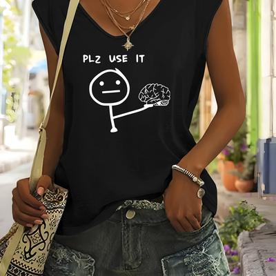 "TEMU Women's Casual V-neck Tank Top With Fun "plz " Graphic Print - Sleeveless, Breathable Rayon Blend, Black With , Summer & Spring, Summer Tank Tops" Image