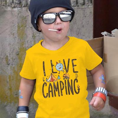 TEMU I Love Camping Print Boy's Short Sleeve T-shirt, Casual Crew Neck Pullover Top, Summer Clothing Image