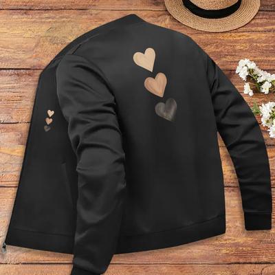 TEMU Women's Casual Leopard Print Heart Zip-up Jacket - Long Sleeve, Black With Golden-tone Heart Accents, Lightweight Style For All , Jacket | Trendy Style | Closure, Jacket Image