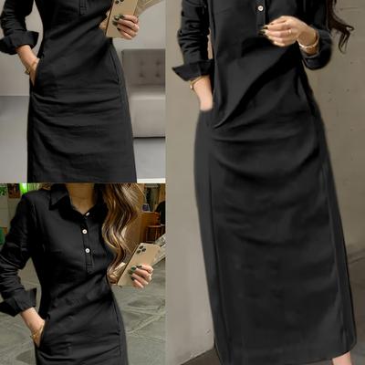 TEMU Women's Elegant Long Sleeve Collar Dress - Slim -cinching, Solid Color, Button Detail, For Spring & Fall, Black, Casual Attire|slim Fit Dress|sleek Black Dress Image