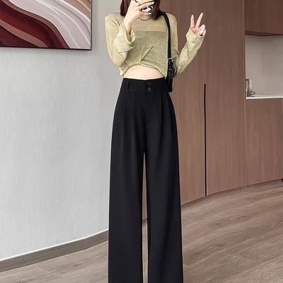 TEMU Women's Elegant Wide-leg Trousers - Slimming Drapey Pants With Elastic Waistband, Solid Black Loose Casual Pants, Machine Washable With Pockets, Everyday Trousers | Double Design | Smooth Texture Image