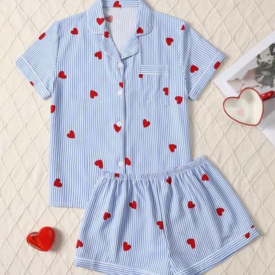 TEMU Heart Print Pajama Set, Short Sleeve Button-up Top And Shorts, Women's Sleepwear And Loungewear Image
