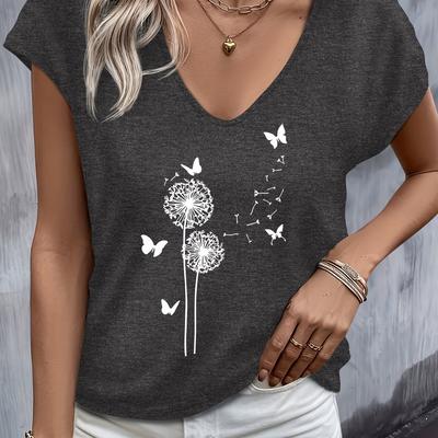 TEMU Women's Casual V-neck Tee With Dandelion And Print - Short Sleeve, Lightweight Polyester, Spring/summer Top, Sleeveless Tshirt| Print Top|vneckline Top Image