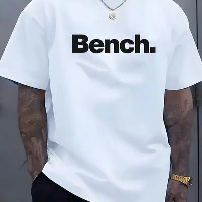 "TEMU Men's "bench." Graphic Tee - Casual Summer Short Sleeve T-shirt With , Lightweight & Stretchy, Outdoor Activities, Outdoor Casual Wear | Shirt | , Plus Size" Image