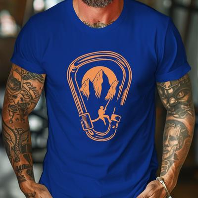TEMU Men's Climbing Carabiner Graphic T-shirt | 100% Polyester Crew Neck Casual Tee With Geometric Pattern | Stretch, Knit Fabric, Regular Fit Short Sleeve Shirt For Adults - Summer Wear Image