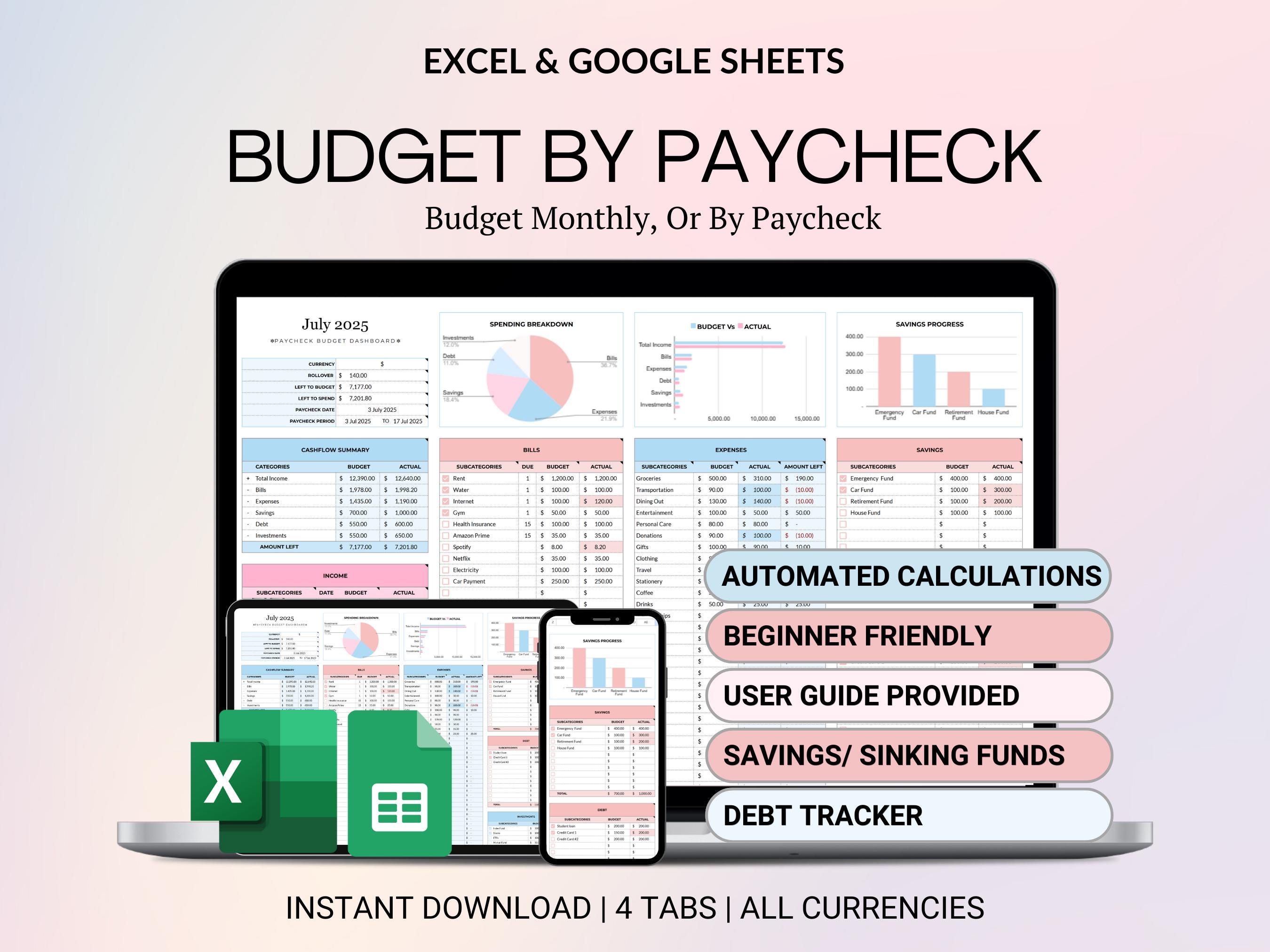 Budget per busta paga Foglio di calcolo Google Fogli Excel Budget mensile Budget per busta paga Budget Monitoraggio spese busta paga Pianificatore fin