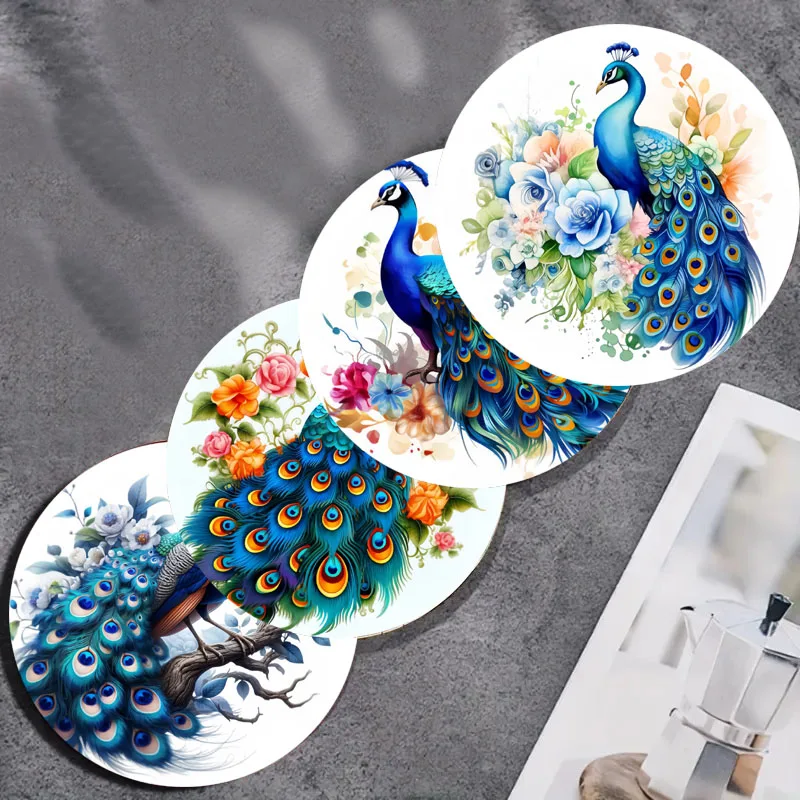 4-Untersetzer mit Pfauenmuster, verwendet für die tägliche Familienparty-Dekoration, Küche, Büro, rutschfeste Holzuntersetzer, Weihnachtsgeschenke Image
