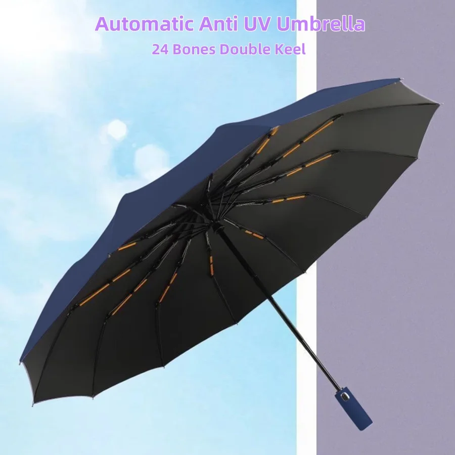 Vollautomatischer UV-Regenschirm mit 24 Knochen, reflektierender Streifen, umgekehrte große Regenschirme für Regen, Sonne, Wärmedämmung, Sonnenschirm Image