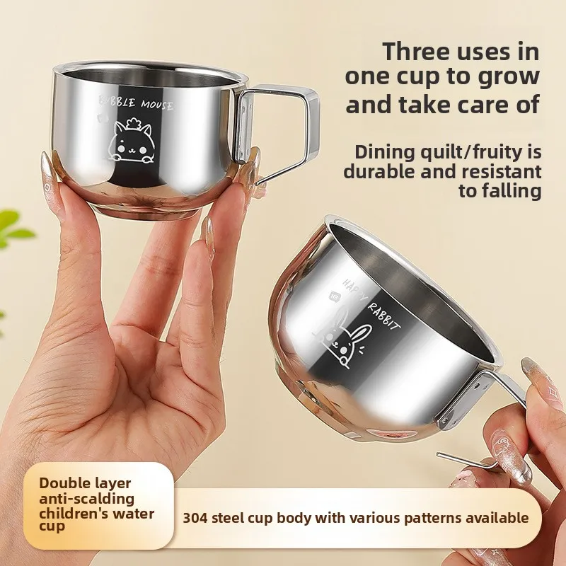 Doppelschichtiger Baby-Wasserbecher aus Edelstahl für Kinder, Reisbecher mit Griff, sturzsicher, Verbrühungsschutz, Trinkbecher in Lebensmittelqualität Image