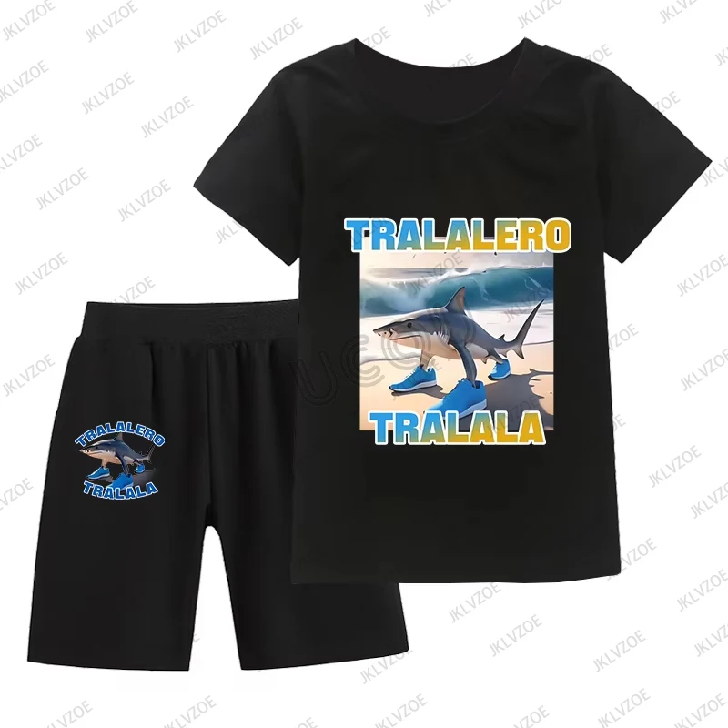 Sommer Kinder Trainingsanzug Tralalero Tralala Lustige Shark Meme Baumwolle Kurzarm Shirt + Shorts Anzug Männer Kleidung 2-teiliges Set Image