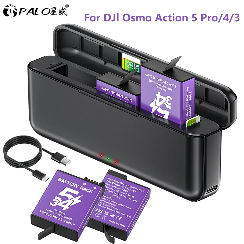 2250mAh DJI Osmo Action 6 Action 5 Pro Batterie + 3-Slot Ladegerät für DJI Action 6 Action 5 Pro Action 4 Action 3 Osmo 360 Spor Image