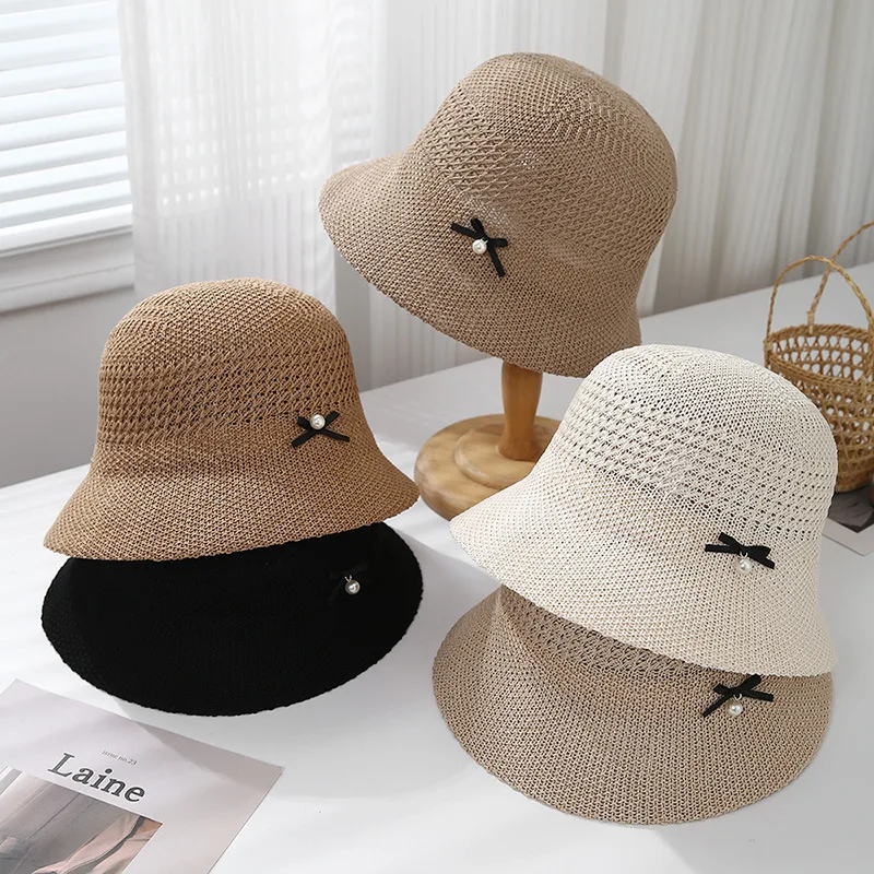 Frauen Eimer Hut Koreanischen Stil Süße Bogen Sommer Hut Sonnenschutz Solod Farbe Einfache Bob Kappe Weibliche Sonnenhut Image