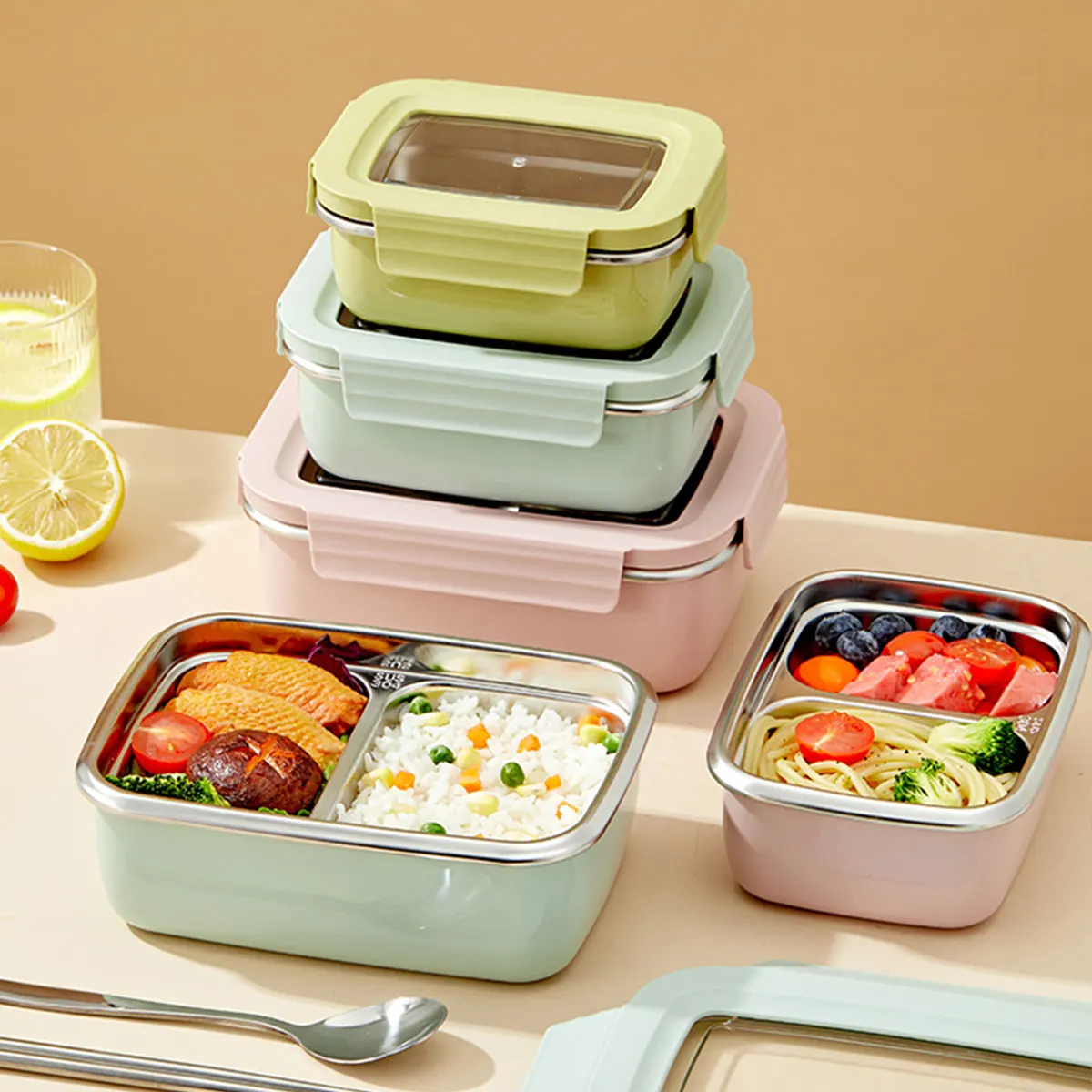WORTHBUY Picknick tragbare Bento Lunchbox mit großer Kapazität 1/2 Gitter auslaufs icher 304 Edelstahl Lebensmittel behälter mikrowellen geeignet