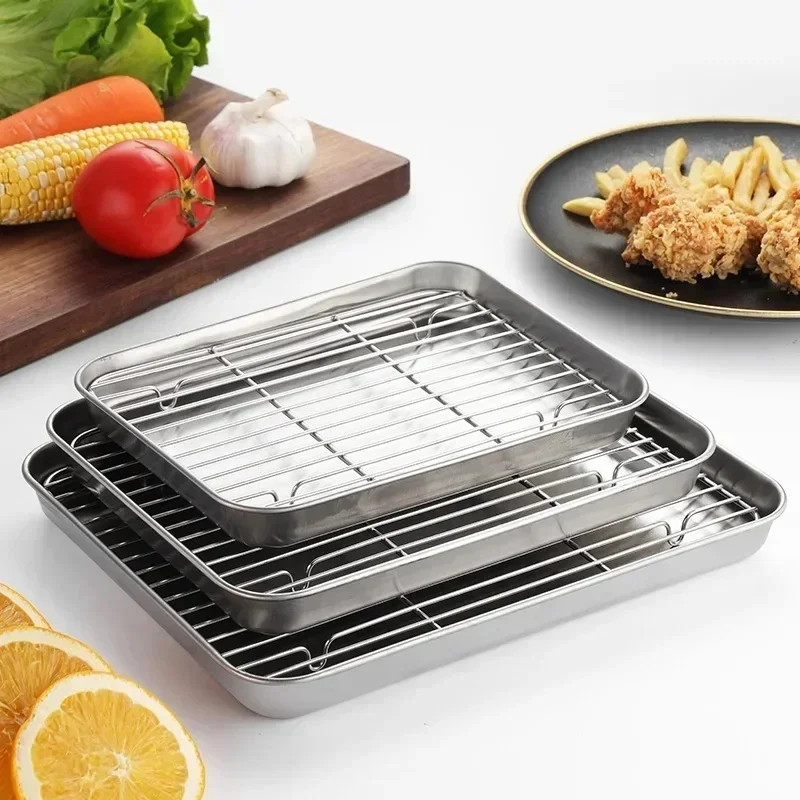 Edelstahl Backform Tablett mit Draht Rack Kuchen Backen BBQ Pan Tablett Platte Ofen Brownie Rack Kochen Braten Grillen Werkzeug Image