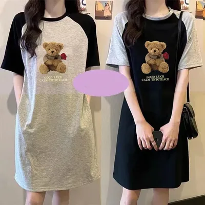 Summer Loose and Trendy Cartoon Rose Bear Print Dress for Pregnant Women in Korean Style, Simple and Casual Round-neck Dress
