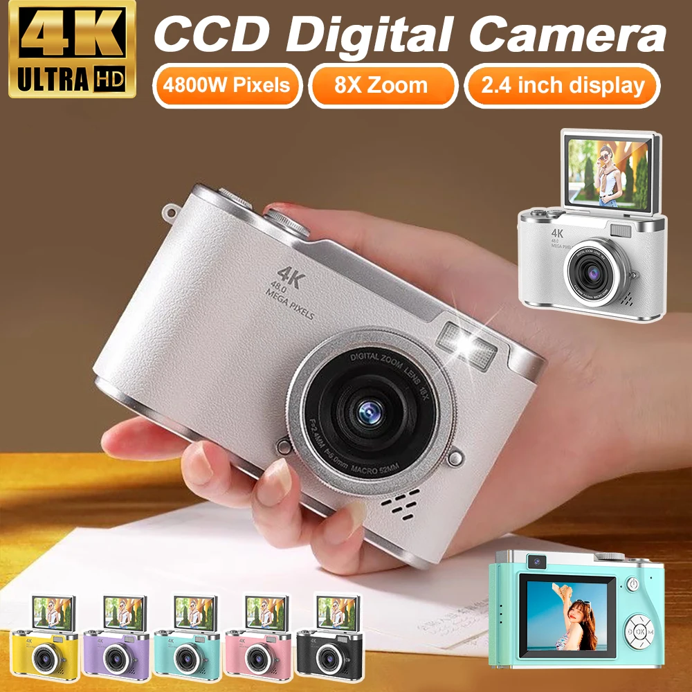 Nouveau 4K CCD 8X Zoom numérique appareil photo numérique pour étudiant 48MP Compact appareil photo de photographie numérique 180 écran rabattable Selfile caméra