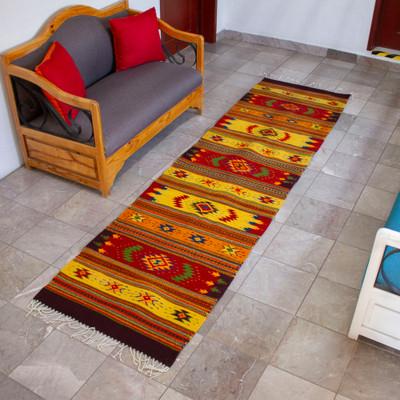Vibrant Symbols,'Hand-Loomed Zapotec Wool Runner with Mexican Symbols'