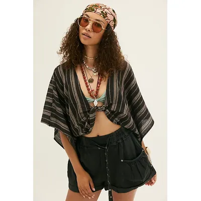 Stripe Linen Twist Front Poncho Jacket at Free People in Brown