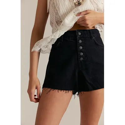 We The Free Angelika Denim Mid-Thigh Shorts at Free People in Liquorice, Size: 32