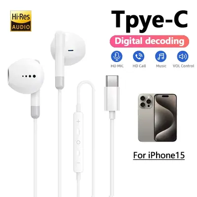 HIfi-Kopfhörer für Apple iPhone 15 Pro Max, halb-in-ear-Kopfhörer mit Mikrofon, kabelgebunden, für Samsung Huawei Xiaomi USB-C-Kopfhörer Image