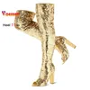 Frauen Oberschenkel Stiefel 11CM Dicke High Heels Gold Pailletten Peep Toe Schuhe Gladiator Über die