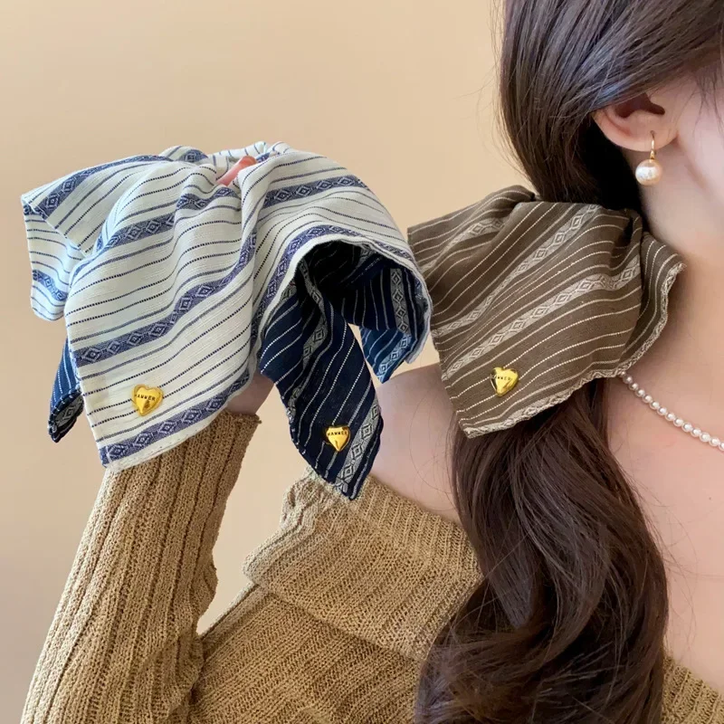 Retro Gestreiften Quadratischen Schal Haar Band Dickdarm Haar Band Weibliche Nische Design Sinn Platz Headrope Temperament Haar Image