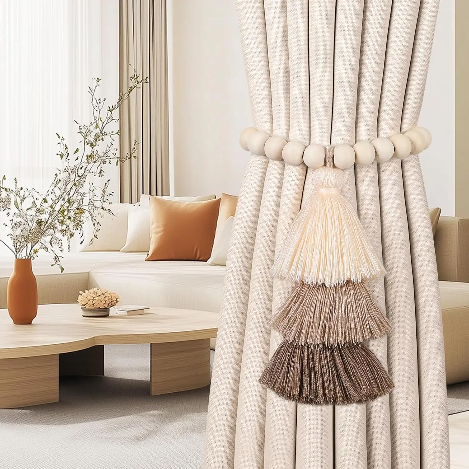 2er-Pack magnetische Vorhang-Raffhalter mit 3-stufiger Quaste, Holzperlen-Vorhang-Raffhalter ohne Bohren, Boho-Vorhang-Raffhalter, dekorative Cu Image