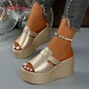 Aphixta Gold Sohle 9 cm High Heels Slides Peep ToeWedge Heels Hausschuhe Frauen Plattform Sandalen Außerhalb Gold Schuhe Größe 43