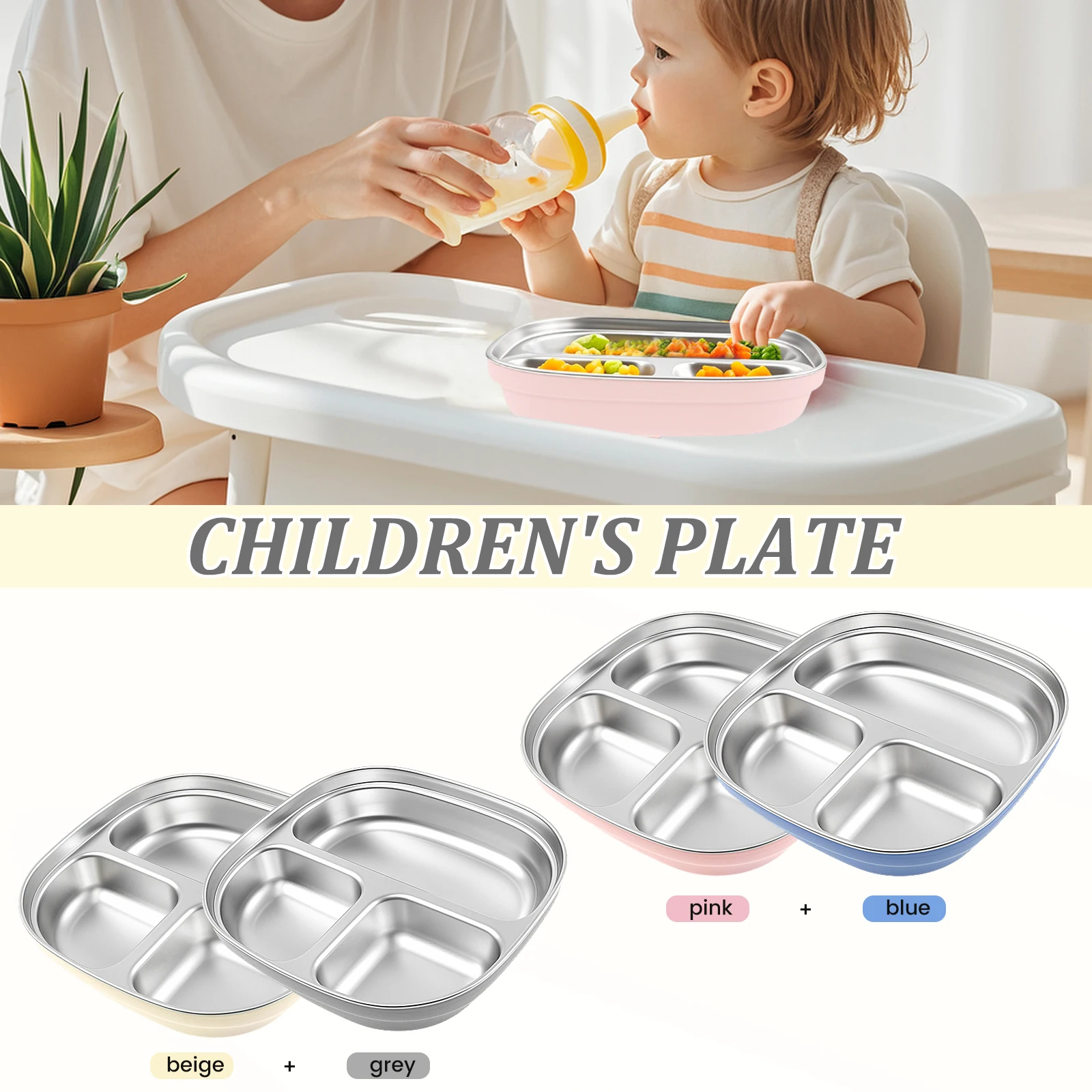 2 Stück Baby-Saugplatte aus Edelstahl, leicht zu reinigen, hitzebeständig, geteilte Babyplatte mit Silikon-Saugnapf für Kleinkinder Image