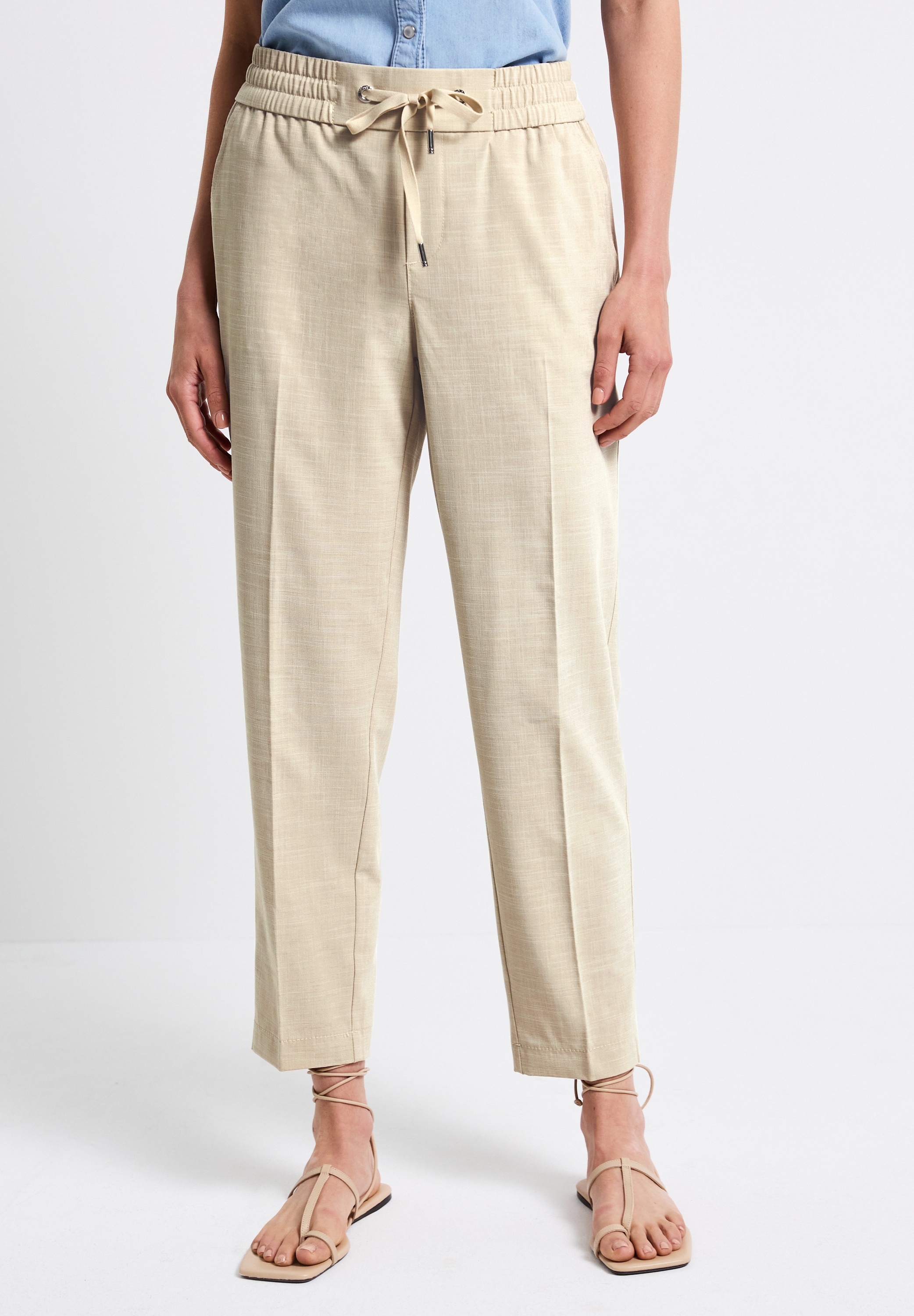 Bügelfaltenhose STREET ONE, Damen, Gr. 40, Länge 28, beige (coastal beige), Stoff, 54% Polyester, 43% Viskose, 3% Elasthan, unifarben, loose fit knöchelfrei, Hosen, Middle Waist