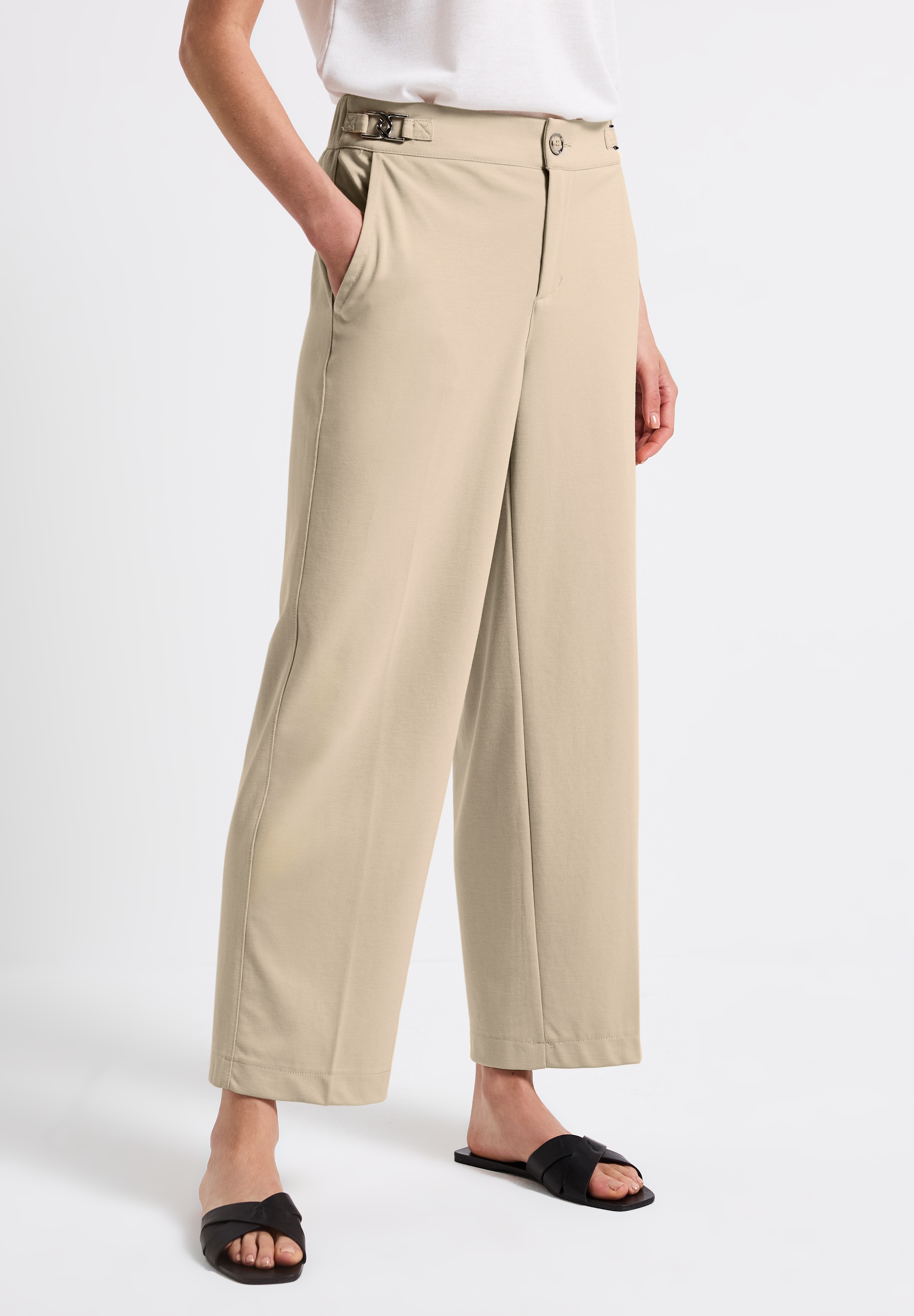 Marlene-Hose STREET ONE, Damen, Gr. 46, Länge 28, beige (coastal beige), Stoff, 48% Polyamid, 28% Viskose, 18% Polyester, 6% Elasthan, unifarben, comfort fit knöchelfrei, Hosen, High Waist