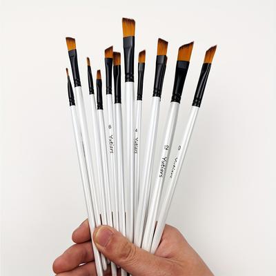 TEMU 12pcs Professional Angular Paint Brushes Set, Mixed Material Nylon Hair, Long Gourd Handle, For Acrylic, Oil, Watercolor, Gouache Painting, Angled Shader Brushes For Artists And Beginners Image