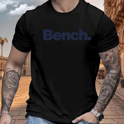 "TEMU Men's Casual Crew Neck Short Sleeve T-shirt - Summer Essential, Machine Washable, , With "bench" Print, Lightweight For Warm Weather, Summer Casual Wear | Stylish Men's Tee | Durable Casualwear" Image