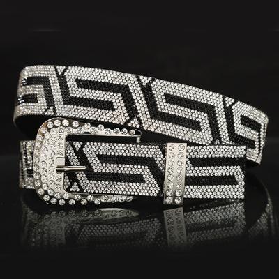 TEMU Y2k Rhinestone Belt For - Black Geometric Pattern With Sparkling Crystals, Adjustable Metal , Versatile Fashion Accessory For Jeans, Dresses, Valentine's Day, Football Games & Mardi Gras Image